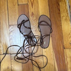 Zara Brown Ankle-Wrap Sandals